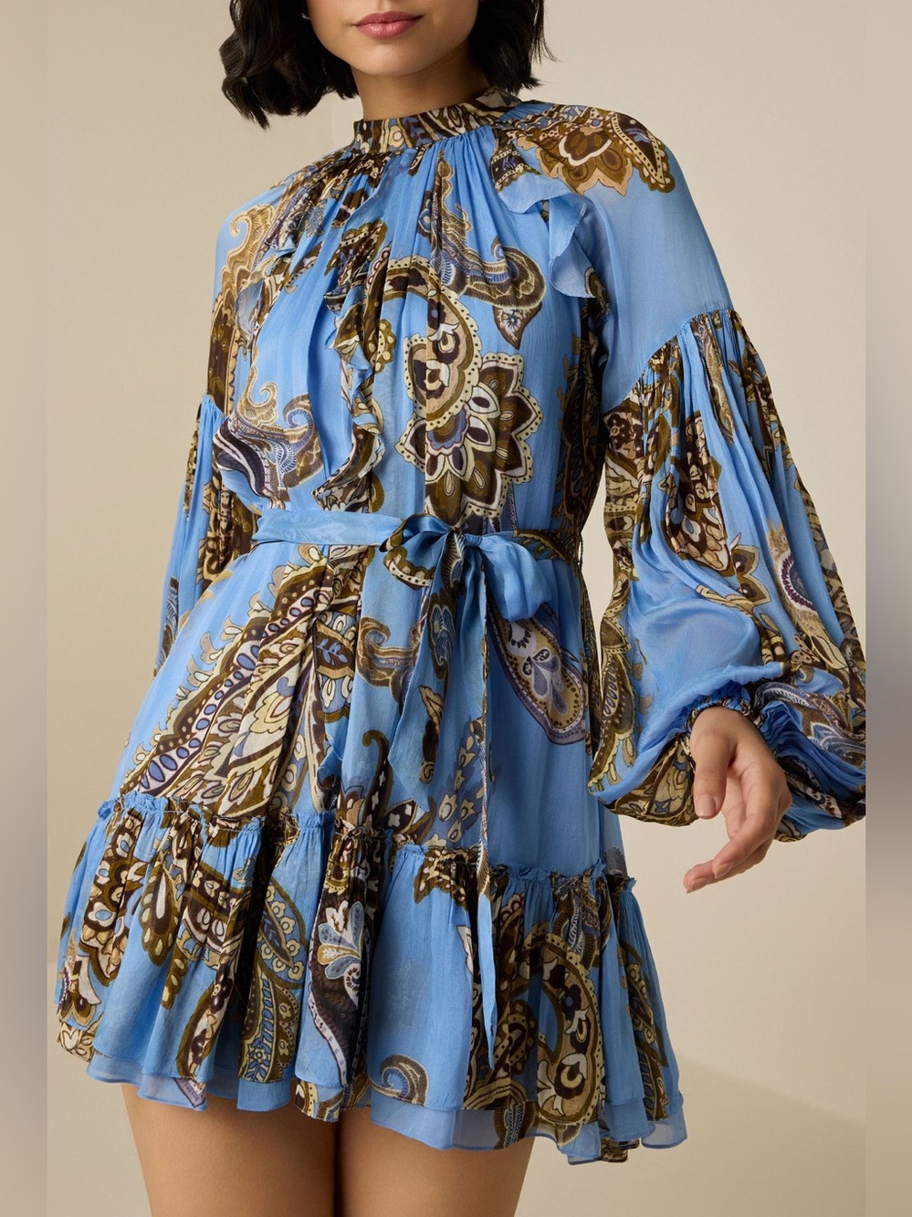 Hemant & Nandita Saya Ruffle Short Mini Dress Blue Paisley NWT Size Small - Picture 4 of 13